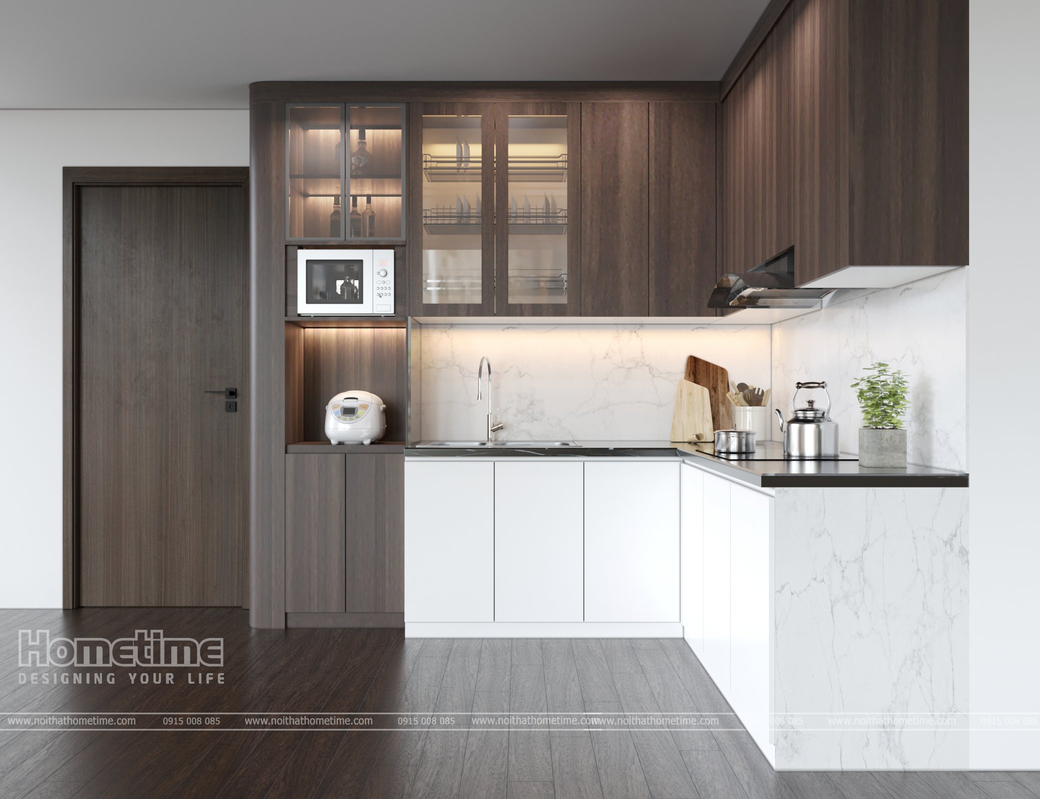 Thiết kế 3D tủ bếp L laminate vân gỗ nhà anh Nam Hoàng Huy Grand