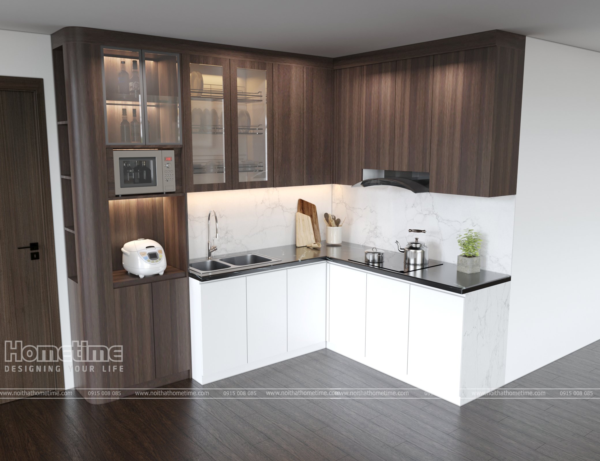 Thiết kế 3D tủ bếp L laminate vân gỗ nhà anh Nam Hoàng Huy Grand
